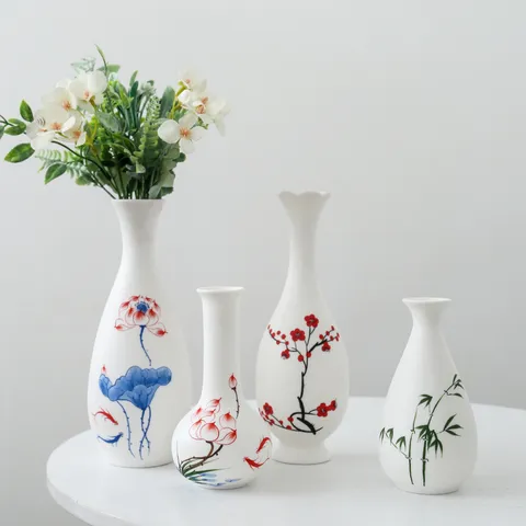 Vase à Fleurs Décoratif en Céramique Blanche Style Chinois Peint à la Main Salon Chambre Décoration d'Intérieur