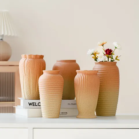 Vintage Retro Coarse Pottery Ceramic Flower Vase Gradient Color Desktop Decorative Vase For Home Living Room Dining Table Dried Flower Arrangement Vessel