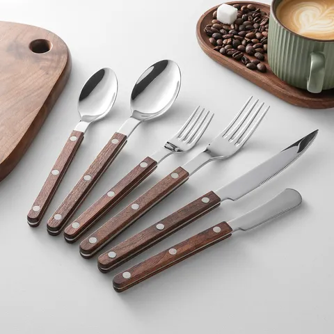 304 Stainless Steel Western Tableware Dark Walnut Solid Wood Handle Matte Silver Dinner Knife Spoon Fork Kitchen Cutlery Set