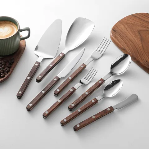 304 Stainless Steel Western Tableware Dark Walnut Solid Wood Handle Matte Silver Dinner Knife Spoon Fork Kitchen Cutlery Set