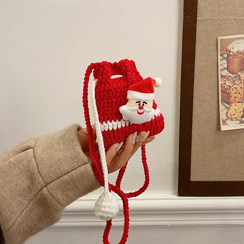Christmas Woolen Crochet Crossbody Bag Cute Reindeer Snowman Kids Mini Shoulder Bag Festive Knit Drawstring Handbag