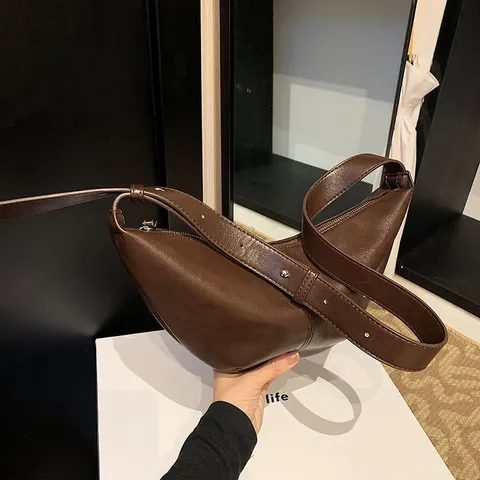 Bolso de Empanada de Cuero PU para Mujer Moda Retro Bolso de Axila Casual Versátil Bolso Cruzado Color Sólido Cremallera
