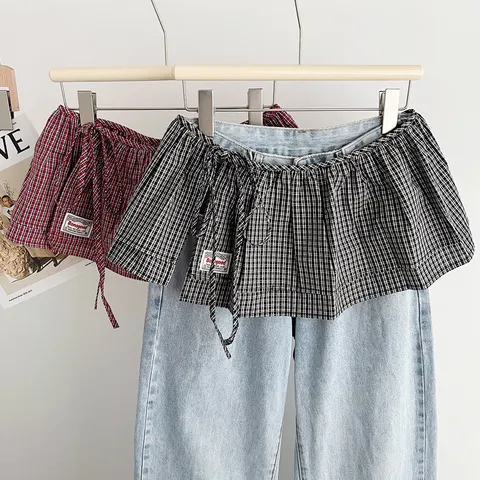 Women Korean Retro Plaid Lace Up Skirt Curtain Double Layer Layering One Piece Decorative Mini Skirt For Styling Clothes Accessory