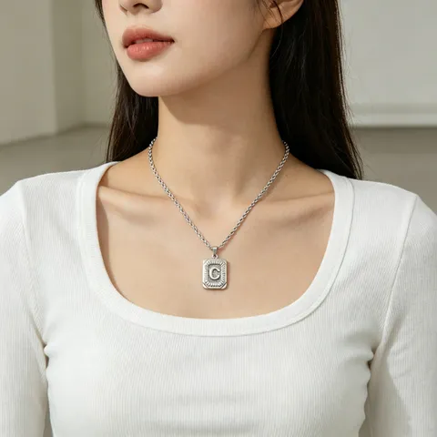 Hip Hop Stainless Steel Letter Pendant Necklace Geometric Rectangular Charm Twist Chain Fashion Jewelry For Men Women
