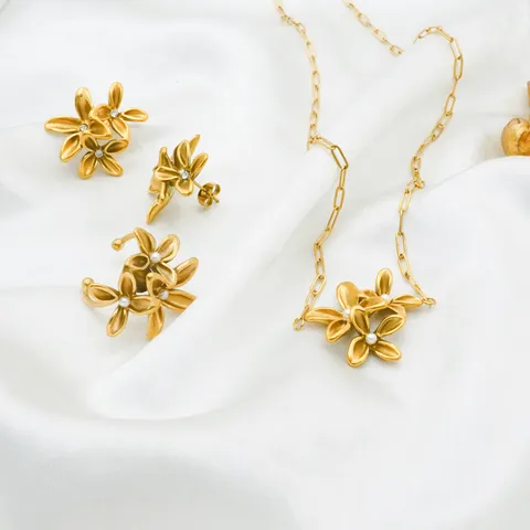 Vintage Iris Flower Jewelry Stainless Steel Gold Plated Rhinestone Pearl Necklace Earrings Ring Fashion Accessories