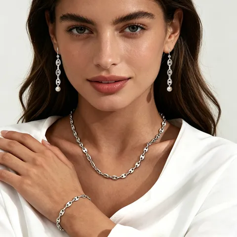 Minimalist Stainless Steel Pig Nose Chain Necklace Bracelet And Earrings Set Fashion Jewelry Gift For Women Men