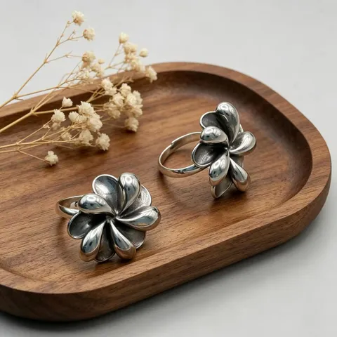 Vintage Stainless Steel Flower Stud Earrings And Open Rings Set Elegant Silver Floral Jewelry For Women