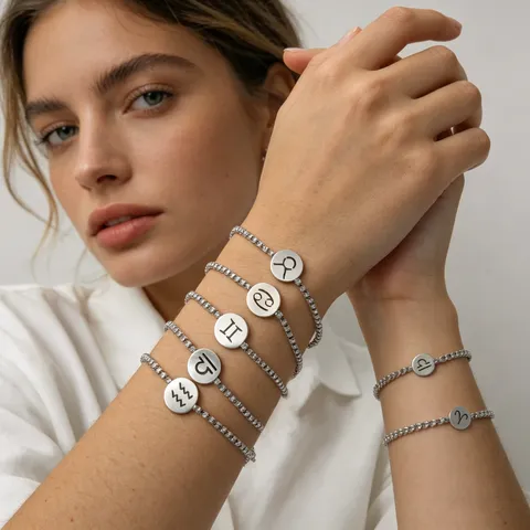 Minimalist Stainless Steel Zodiac Constellation Charm Bracelet With Rhinestone Round Disc Unisex Fashion Jewelry