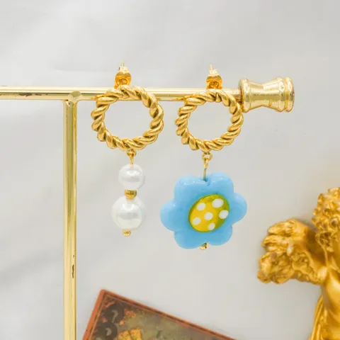 Asymmetric Glass Flower Shell Pearl Stainless Steel Drop Earrings Sweet Korean Style Jewelry Gift For Women