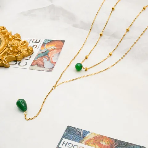 Double Layer Stainless Steel Necklace 18k Gold Plated Green Agate Pendant Necklace Niche Design Elegant Jewelry For Women