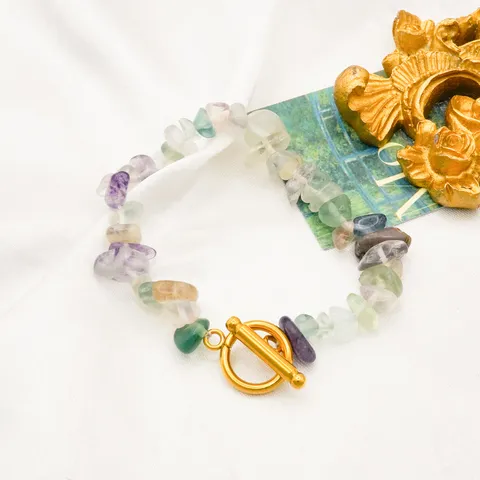 Niche Irregular Colorful Natural Stone OT Clasp Bracelet Stainless Steel Gold Plated Bohemian Fashion Jewelry For Women
