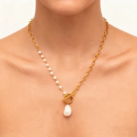 Stainless Steel Gold Plated Asymmetric OT Buckle Necklace Light Luxury Imitation Baroque Pearl Choker Jewelry For Women