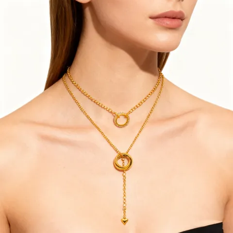 Stainless Steel 18k Gold Plated Double Layer Geometric Tassel Necklace Rhinestone Layered Clavicle Chain Jewelry