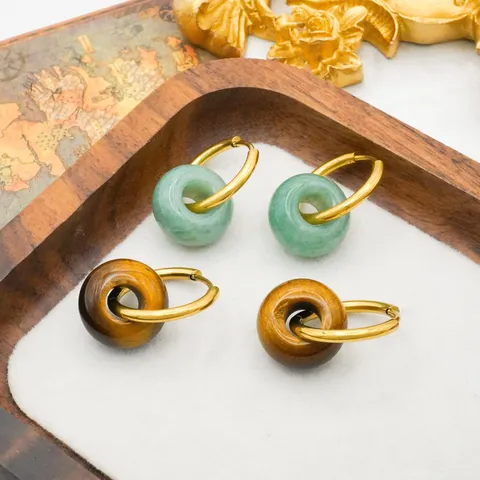 European American Style Retro Geometric Natural Stone Hoop Earrings Stainless Steel Plated 18k Gold Women Jewelry