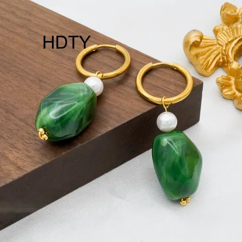 French Vintage Geometric Resin Earrings Stainless Steel Artificial Pearl Creative Hoop Earrings For Women Jewelry