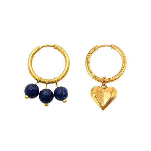 French Vintage Creative Design Stainless Steel Lapis Lazuli Asymmetric Hoop Earrings 18K Gold Plated Personality Earrings