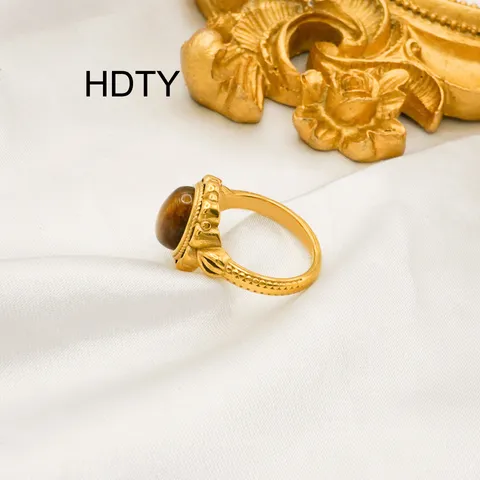 Vintage Stainless Steel Flower Tiger Eye Stone Rings Gold Plated Fashion Finger Ring For Women Jewelry
