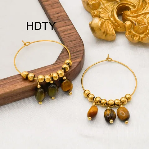 French Vintage Natural Stone Tiger Eye Beaded Bracelet Earrings Ring Stainless Steel 18k Gold Plated Fashion Jewelry Set For Women