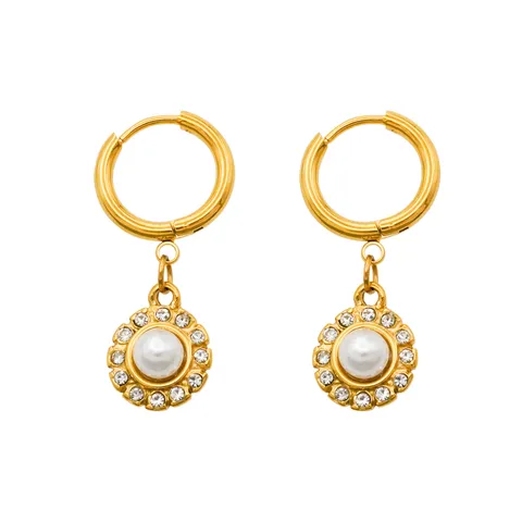 Minimalist Stainless Steel Floral Drop Earrings With Rhinestone And Artificial Pearl 18K Gold Plated Fashion Jewelry For Women