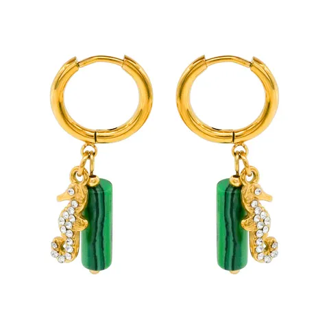 Bohemian Malachite Seahorse Drop Earrings Stainless Steel Green Stone Rhinestone Earrings Fashion Jewelry For Women