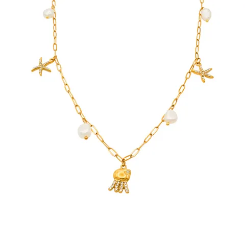 Ocean Vacation Style Stainless Steel Jellyfish Starfish Pendant Necklace Freshwater Pearl Rhinestone Gold Plated Jewelry