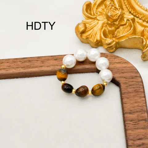 French Vintage Natural Stone Tiger Eye Beaded Bracelet Earrings Ring Stainless Steel 18k Gold Plated Fashion Jewelry Set For Women
