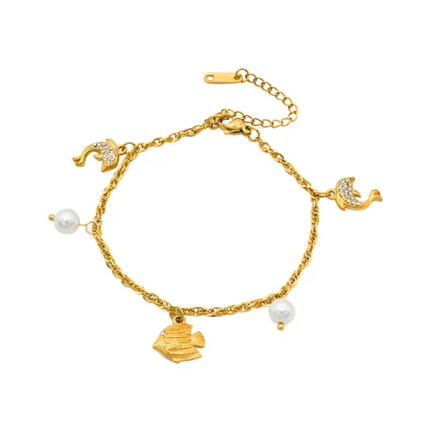 Stainless Steel Ocean Element Bracelet Gold Plated Rhinestone Artificial Pearl Dolphin Pendant Fashion Jewelry Women