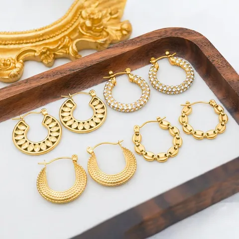 Minimalist Gold Plated Stainless Steel U Shaped Geometric Huggie Hoop Earrings Rhinestone Leaf Textured Women Jewelry
