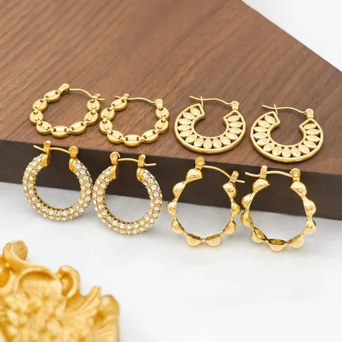 Minimalist Gold Plated Stainless Steel U Shaped Geometric Huggie Hoop Earrings Rhinestone Leaf Textured Women Jewelry