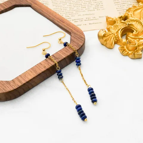 Stainless Steel Lapis Lazuli Tassel Earrings 18K Gold Plated Long Dangle Earrings Minimalist Jewelry Gift For Women