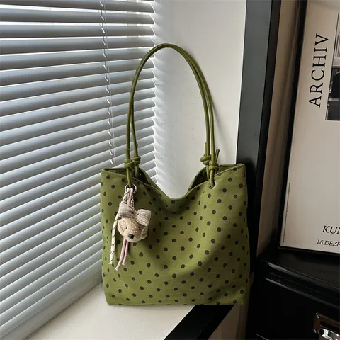 Bolso de Hombro de Lona con Lunares Estilo Coreano para Mujer Bolso de Mano de Gran Capacidad Bolso de Axila Informal