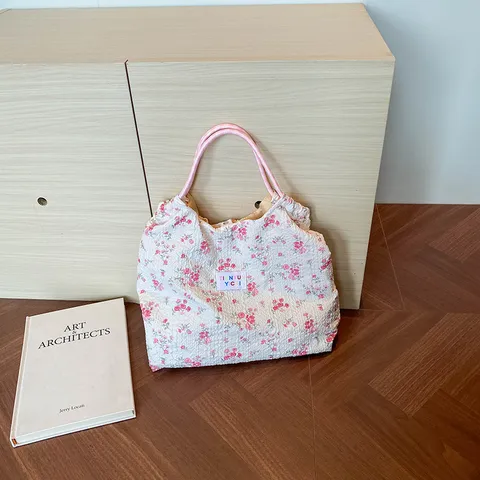 Korean Style Floral Seersucker Canvas Tote Bag For Women Large Capacity Shoulder Bag Daily Commuter Student Shopping Handbag