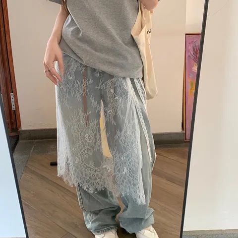 Women Aesthetic Lace Layering Skirt Bottom Tie Up Apron Floral Mesh Layered Skirt Over Pants Japanese Fashion Summer Clothing
