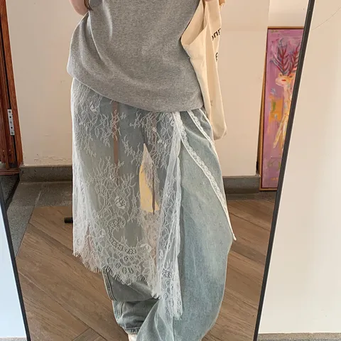 Women Aesthetic Lace Layering Skirt Bottom Tie Up Apron Floral Mesh Layered Skirt Over Pants Japanese Fashion Summer Clothing