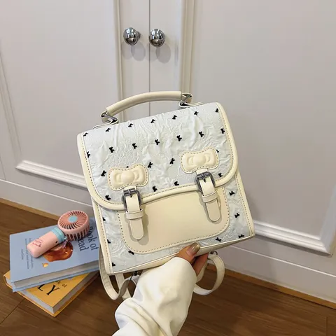 Preppy Style Bowknot Print Small Backpack For Women PU Leather Trendy Korean Casual School Travel Bag With Teddy Bear Pendant