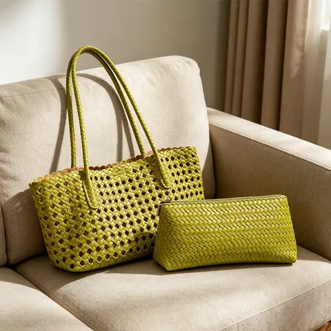 Women Hollow Woven Beach Bag PU Leather Tote Bag Fashion Solid Color Single Shoulder Bag Summer Vacation Handbag