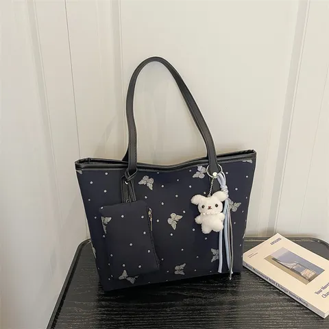 Women Butterfly Print PU Leather Tote Bag Fashion Commuter Shoulder Bag With Mini Pouch Pendant Large Capacity Underarm Bag Daily Handbag