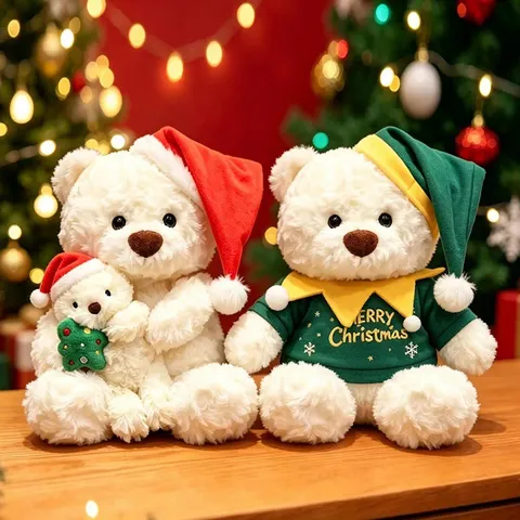 Cute Christmas Teddy Bear Plush Toy Stuffed Animal For Friends Holiday Gift Decorations Soft Brown White Bear Doll