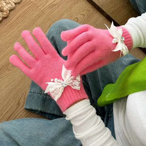 French Style Artificial Pearl Lace Bowknot Polyester Knitted Gloves Women Winter Warm Full Finger Rhinestone Mittens For Riding