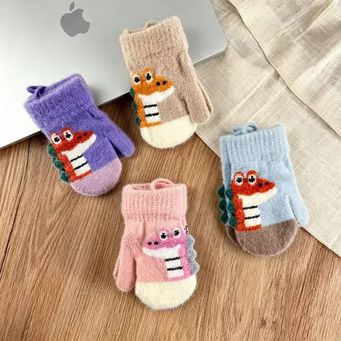 Children Winter Warm Fleece Lined Gloves Cartoon 3D Dinosaur Mittens For Kids Boys Girls Toddlers Cold Weather Thermal Gloves With Rope