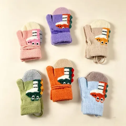Children Winter Warm Fleece Lined Gloves Cartoon 3D Dinosaur Mittens For Kids Boys Girls Toddlers Cold Weather Thermal Gloves With Rope