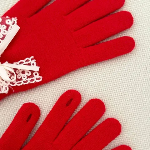 French Style Artificial Pearl Lace Bowknot Polyester Knitted Gloves Women Winter Warm Full Finger Rhinestone Mittens For Riding