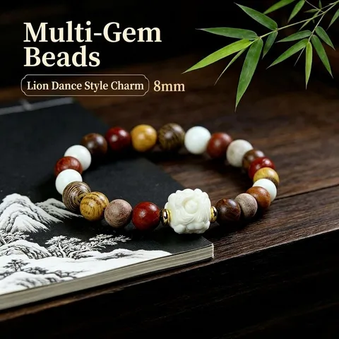 Ethnic Multicolor Wood Bead Bracelet Handcrafted Engraved Lion Bamboo Buddha Beads Meditation Jewelry Gift For Unisex