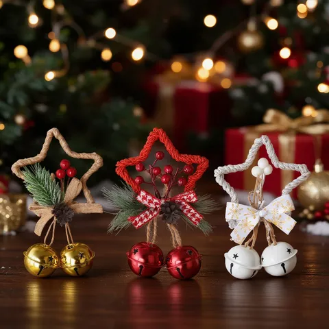 Christmas Star Hanging Ornaments Metallic Bells With Pine Cones Berries Bowknot Xmas Tree Party Decor Holiday DIY Garland