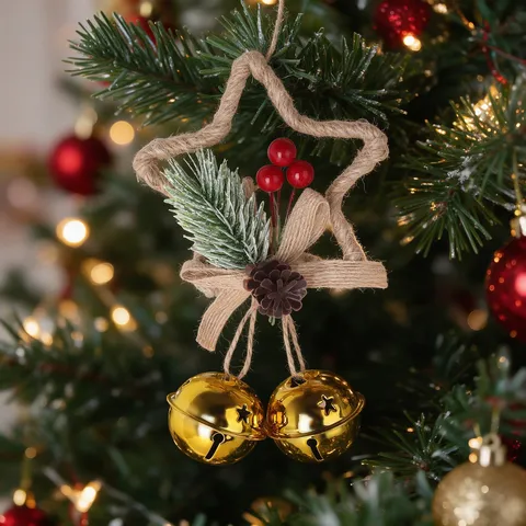 Christmas Star Hanging Ornaments Metallic Bells With Pine Cones Berries Bowknot Xmas Tree Party Decor Holiday DIY Garland