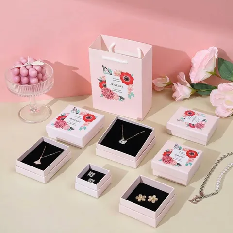 Cajas de Regalo para Joyas Florales Pastorales Rosa Azul Patrón Mármol Caja de Joyas Con Forro de Esponja para Anillo Collar Pendientes Embalaje Bolsas de Regalo