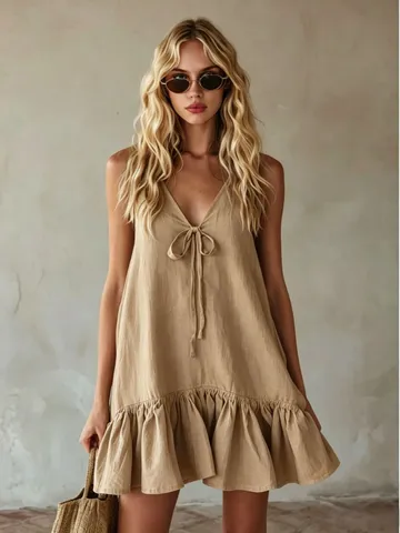 Retro Vacation Style Women V-Neck Sleeveless Dress Ruffle Hem Loose Fit Tie Front Polyester Solid Color Mini Sun Dress
