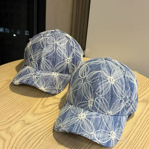 Damen Washed Denim Baseballkappe Süße Blumen Bestickt Sonnenschutz Verstellbarer Lässiger Hut