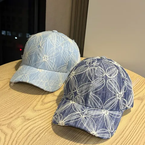 Damen Washed Denim Baseballkappe Süße Blumen Bestickt Sonnenschutz Verstellbarer Lässiger Hut
