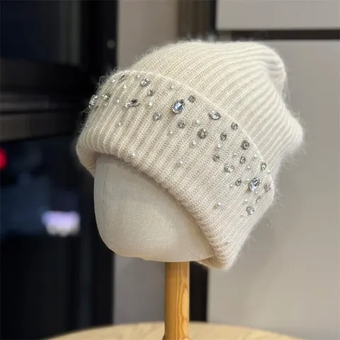 Women Thickened Warm Knit Beanie Hat Rhinestone Artificial Pearl Decorated Winter Slouchy Cold Weather Cap